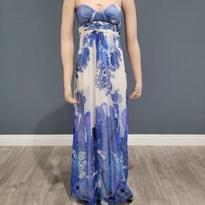 Aidan Mattox Blue White Floral Print Strapless Maxi Dress Size 4